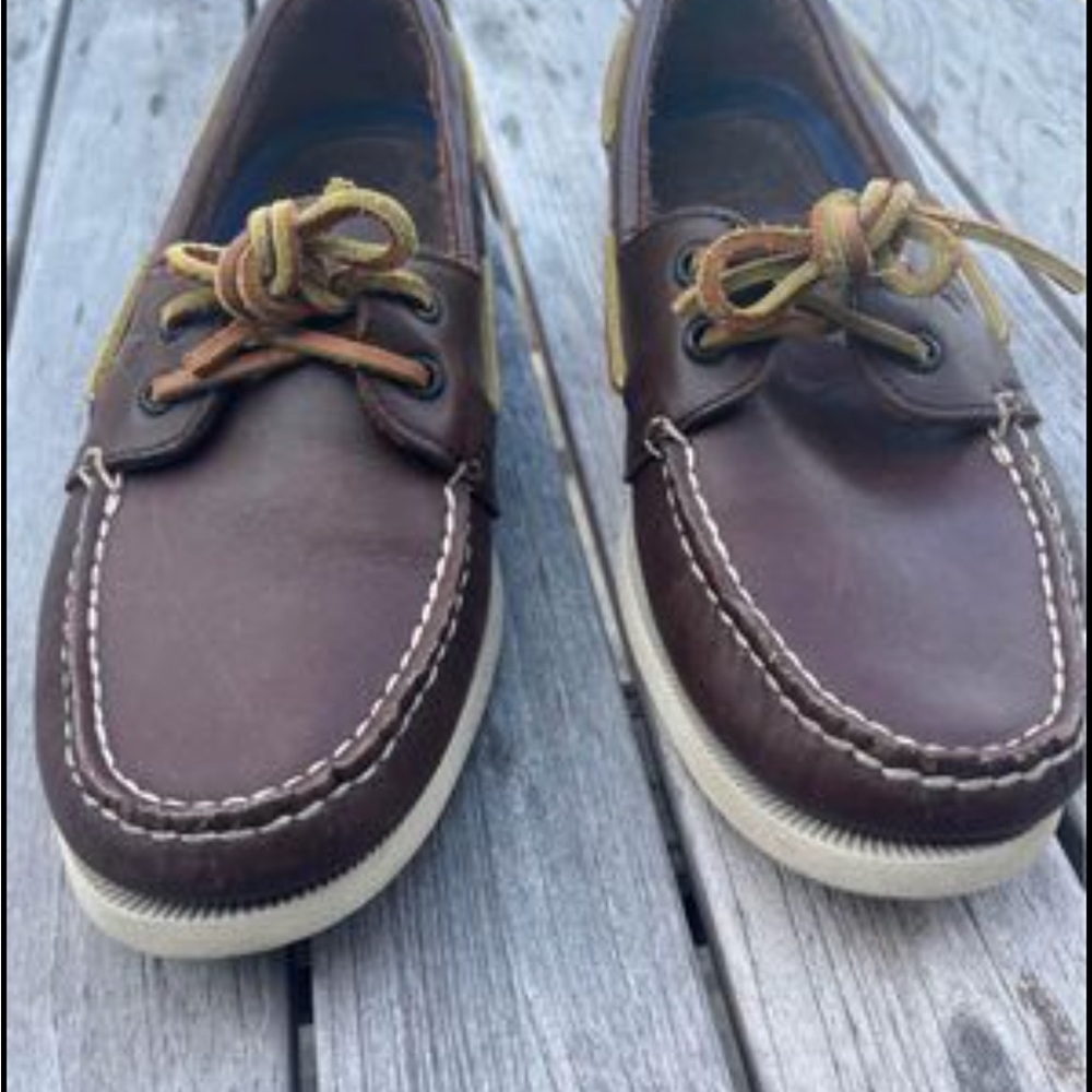 Sperry Top Siders, Dark brown leather, cream sole.